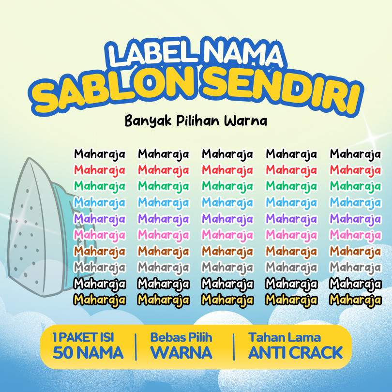 

Sticker Nama Sablon Sendiri - Warna Beragam - Label Nama Printing Kain dan Kaos bisa Sablon Setrika Sendiri - Gratis Custom Nama