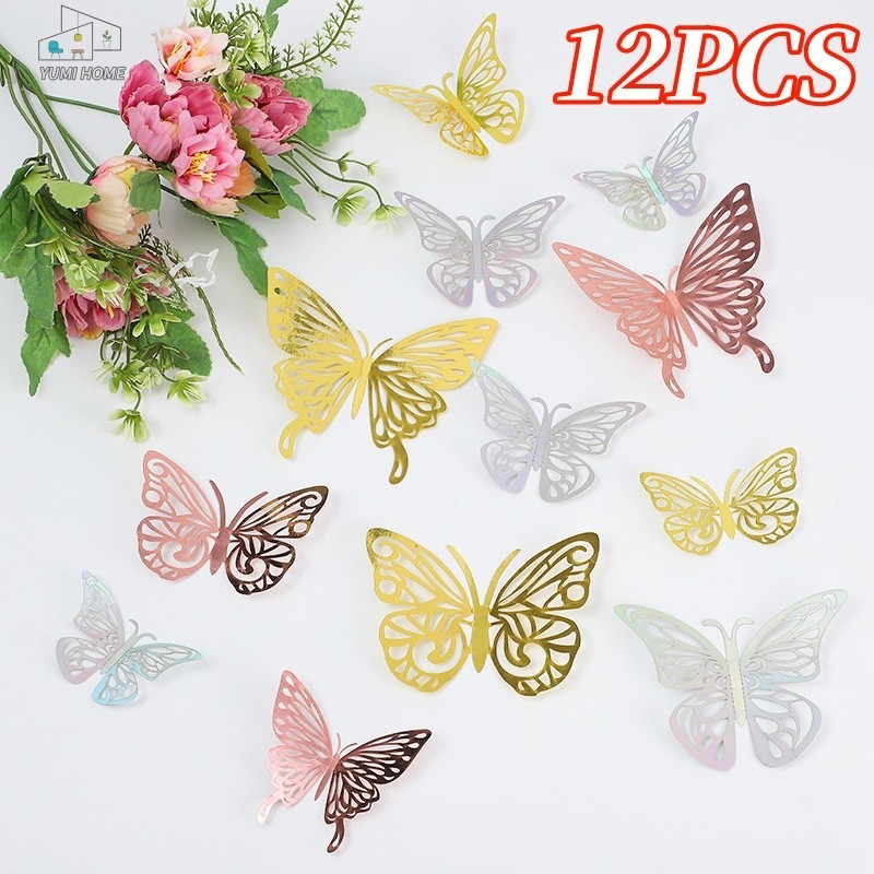 12PCS Stiker Dinding Kupu-Kupu 3D /Hiasan Kupu-Kupu Warna Gold Emas/Kupu Kupu Hiasan Dinding/ Dekora