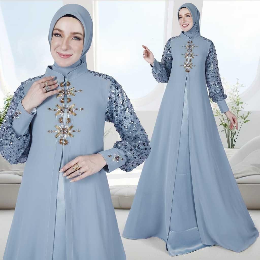 Nurhaliza Dress Set Outer Baju Gamis Set Outer Lepas Pasang Bahan Ceruty Aplikasi Payet Kancing Bagi