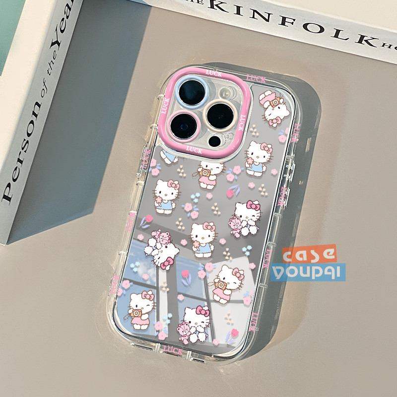 Sliver Case iPhone 13 Mirror Soft Case Pola Bunga Kucing Kartun Lucu Halo KT List Plating Full Cover