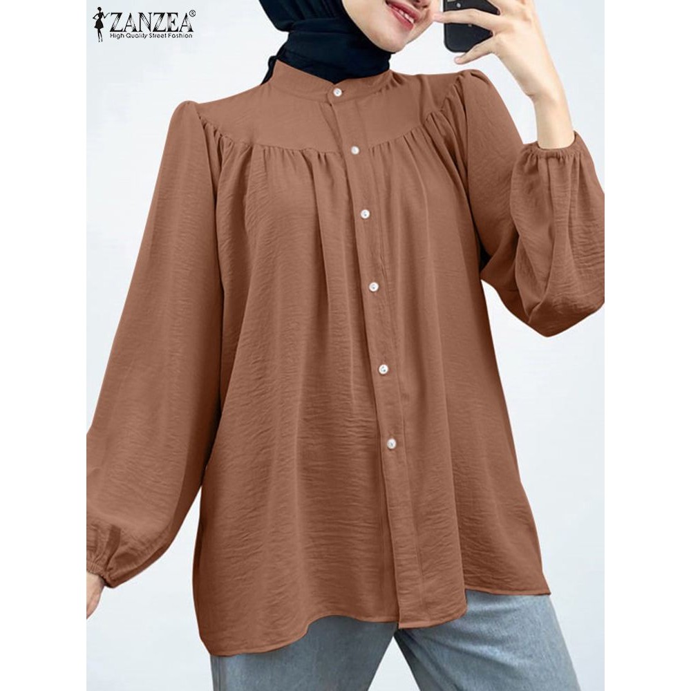 Muslim Hijab Tops Women Long Sleeve Buttons Down Shirt ZANZEA Turkish Solid Blouse Female Work Blusa