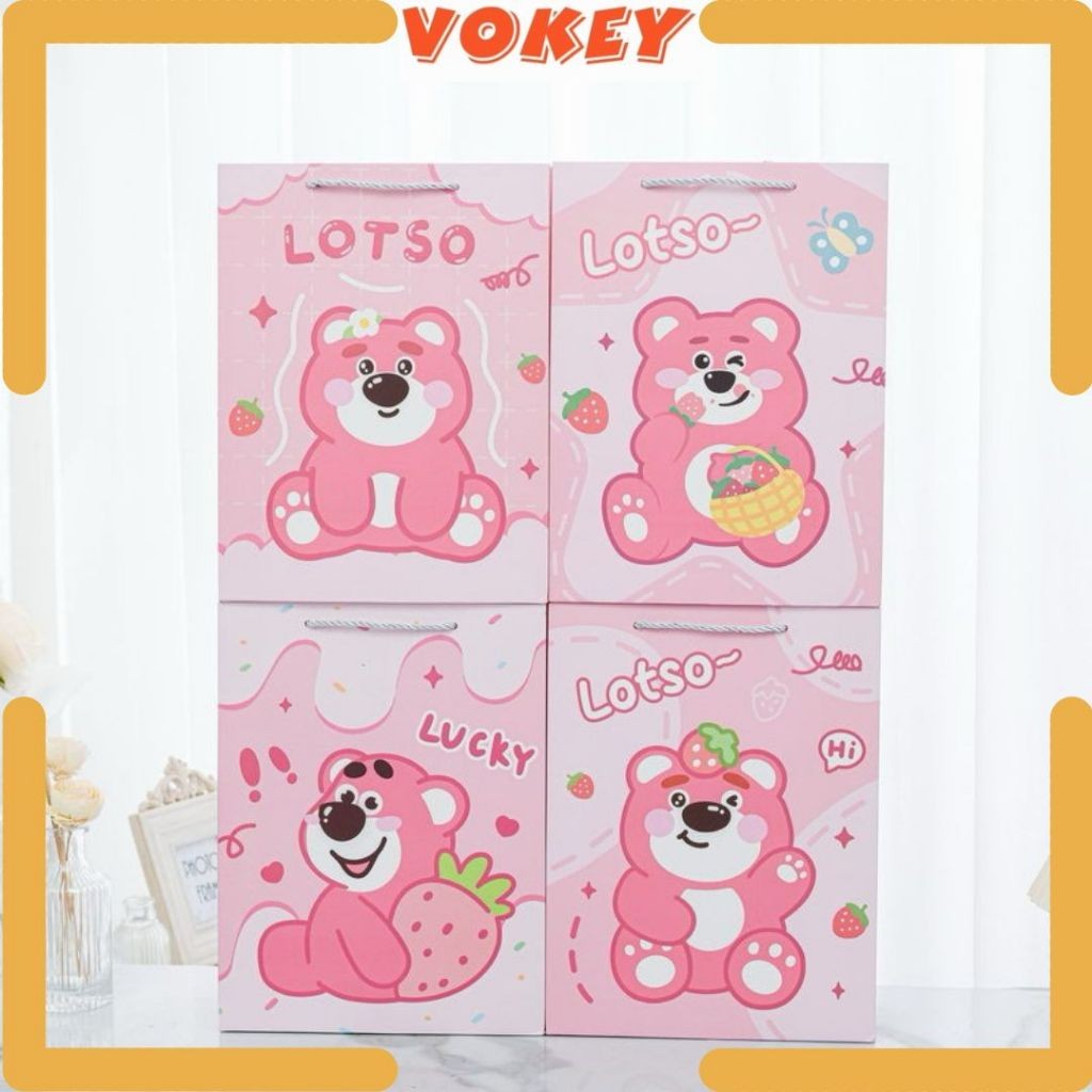 

VOKEY Paper Bag Paperbag Tempat Tas Tenteng Kotak Hadiah Ulang Tahun Lotso Pink Small Medium Big