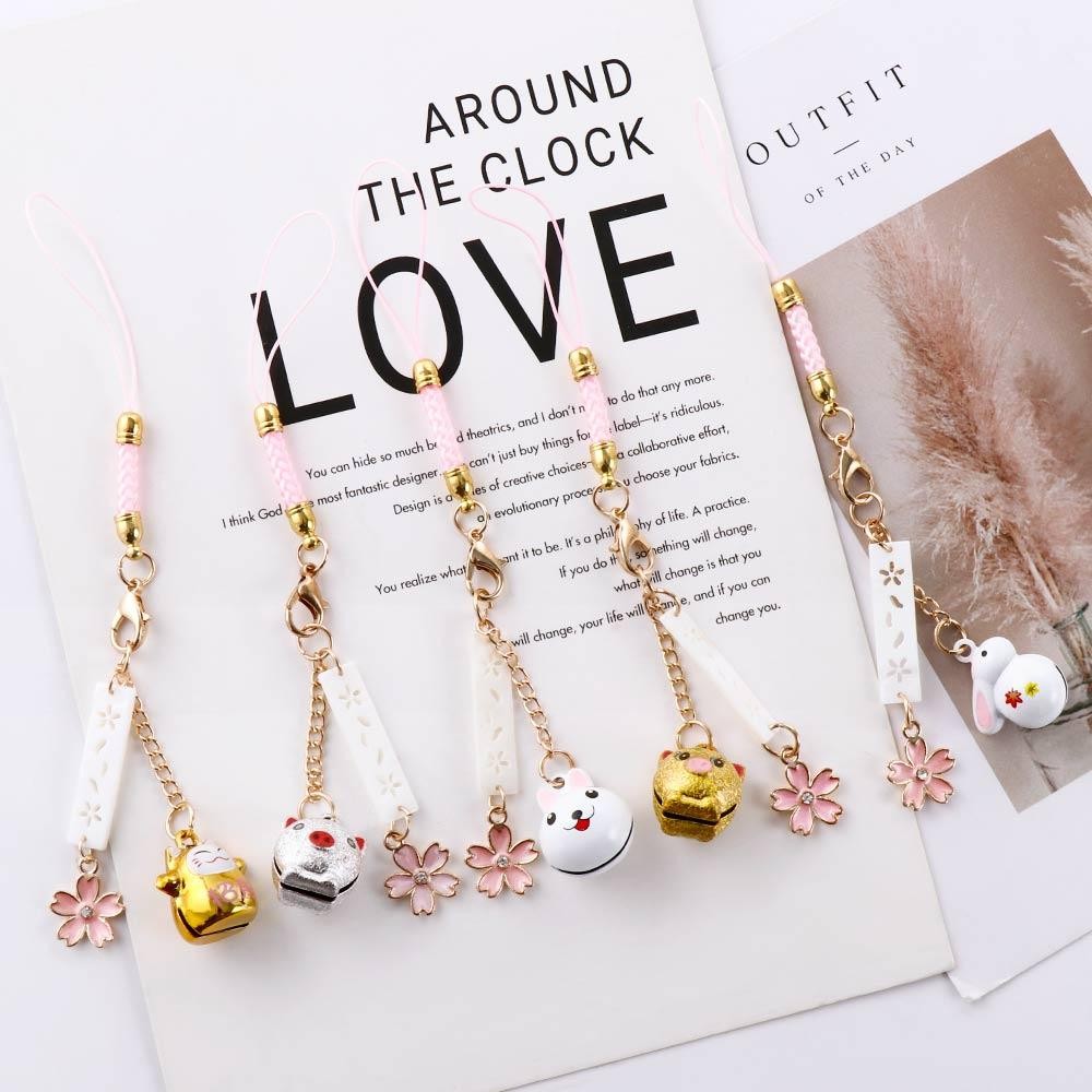 Cute Rabbit Bunny Pig Cat Bell Sakura Car Key Ring Phone Accessory Bag Pendant Good Luck Fortune Wea