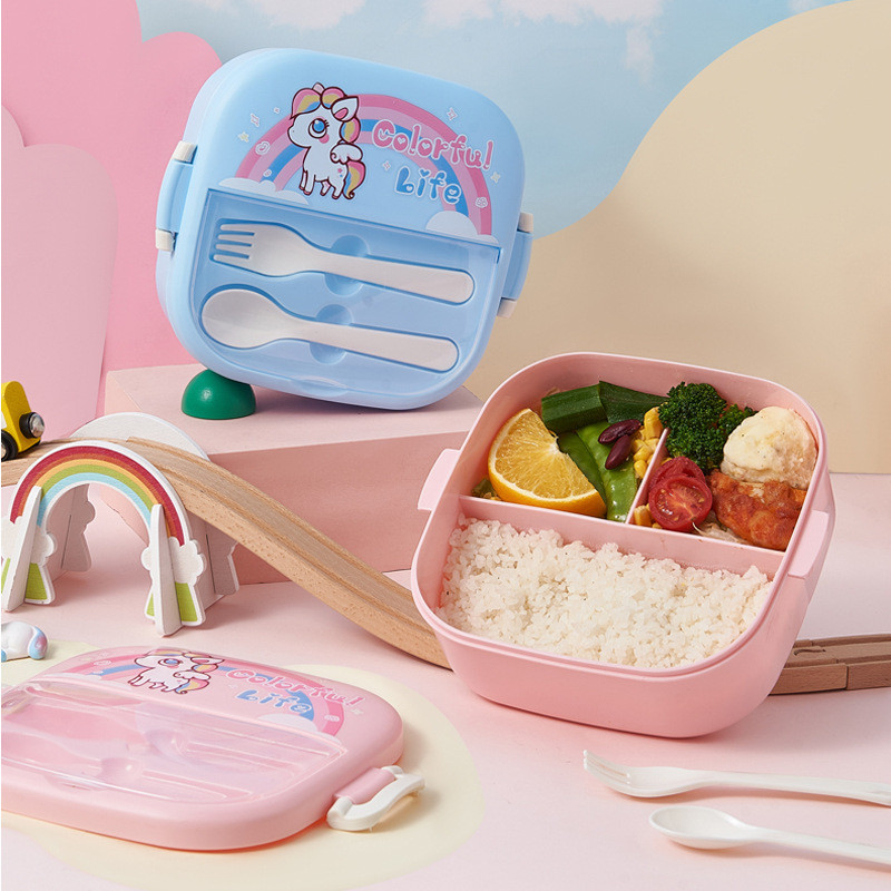 

Bento Lunch Box for Kids Girls Cartoon Students Kawaii Cute Pony Heated 3 Grid Sandwich Snack Food Box Special Canteen