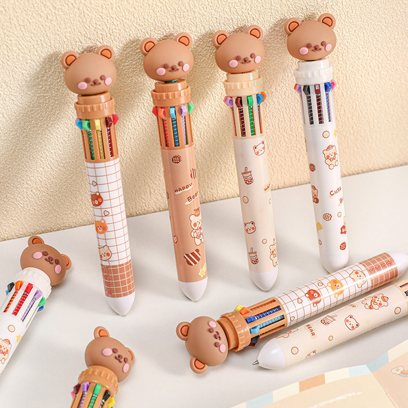 

10 Colors Ballpoint Pen Cartoon Bear 0.5mm Colorful Ink Gel Pens Silicone Kawaii Pens School Office Supplies Korean Stationery