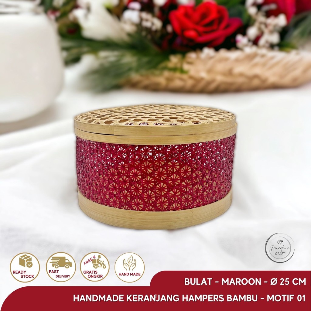 

Handmade Keranjang Hampers Bambu Bulat Warna Merah Diameter 25 cm Hiasan Dekorasi Parsel Parcel Bamboo Rotan Anyaman Anyam Merah Imlek Natal CNY Christmas Kado Sangjit