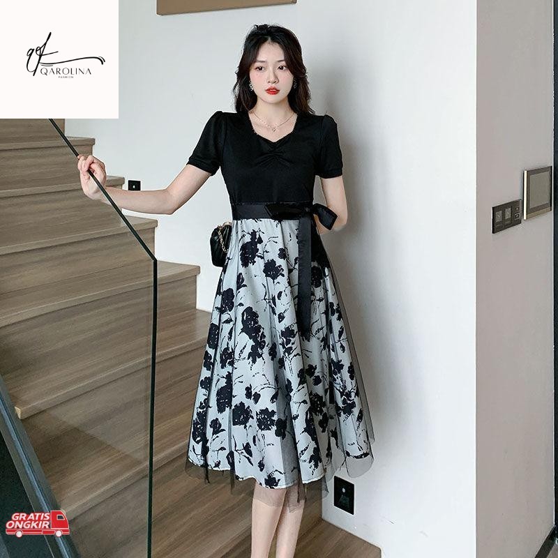 Dress Korea / dress hitam korea princess Elegant floral dress lengan pendek midi big size pantai dre