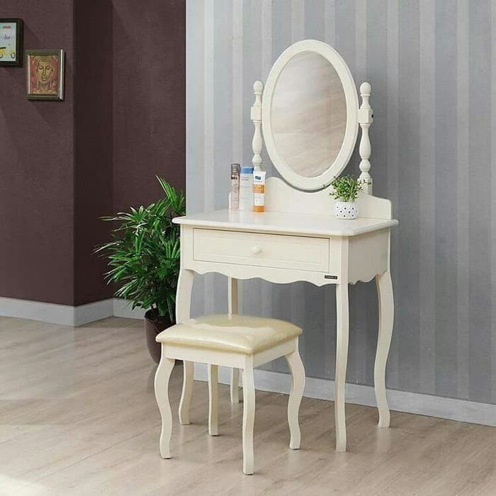 Meja Rias Minimalis 1 Laci - Tolet Shabby Putih Pearl - Kursi Rias | Mebel Jepara