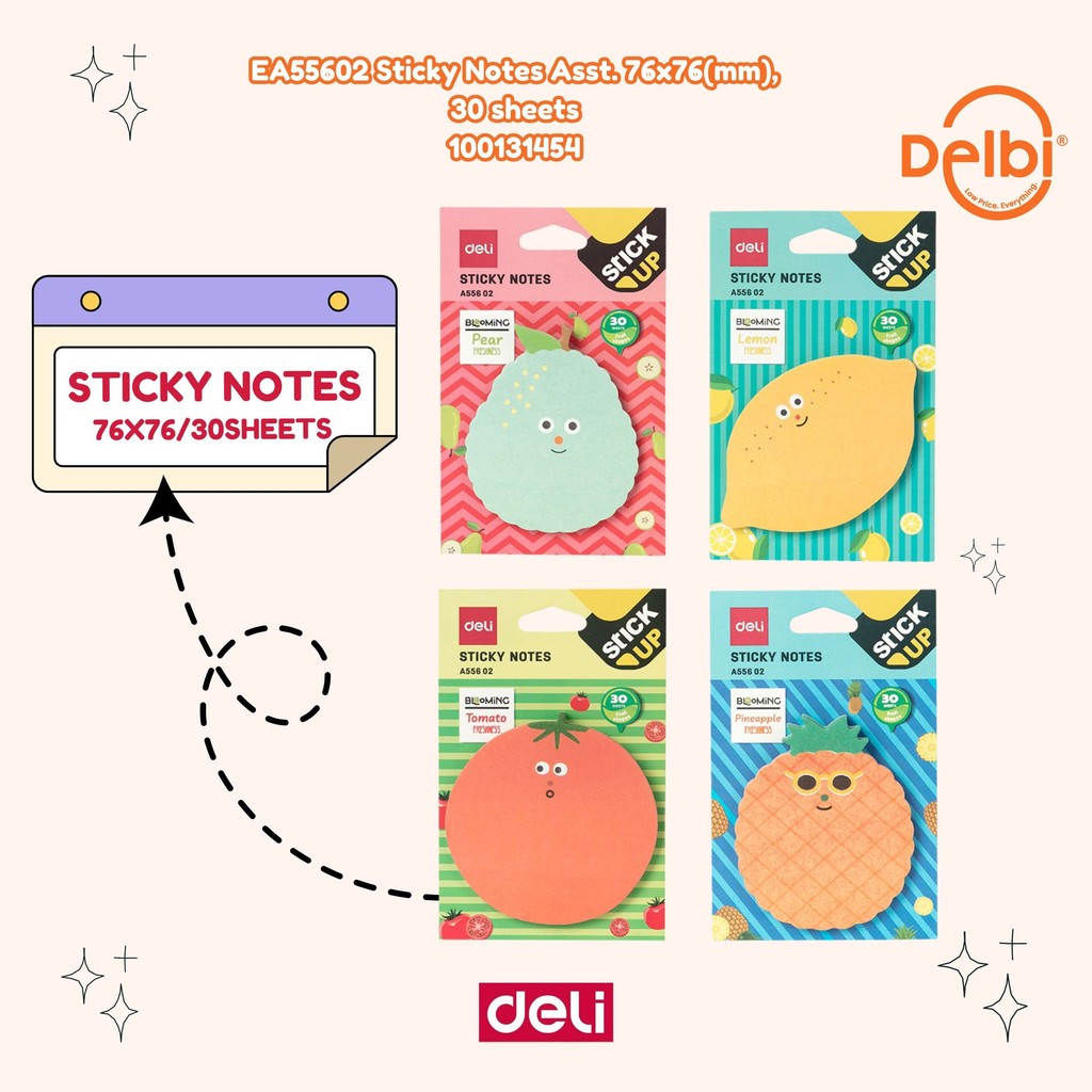 

STICKY NOTES BENTUK BUAH DELI 55602 MEMO TEMPEL LUCU WARNA WARNI 30 LBR EA55602 Sticky Notes Asst. 76x76(mm), 30 sheets