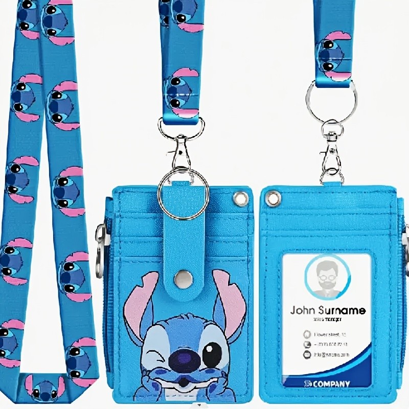 

Lilo & Stitch Card Holder ID Set Heavy Duty Clear Window 5 Slots PU Leather Retractable Lanyard for Kids and Adults