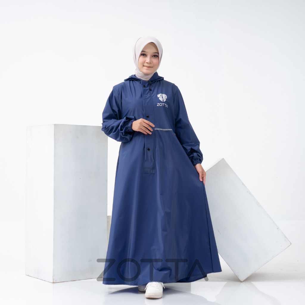 ZOTTA Jas Hujan Gamis Wanita Muslimah Warna Biru Navy Bahan Tebal Anti Rembes