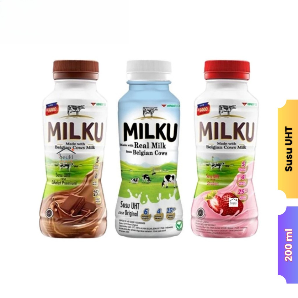 

MILKU Susu UHT 200ml Cokelat Strawberry Original / Susu Cair Botol (1 botol)