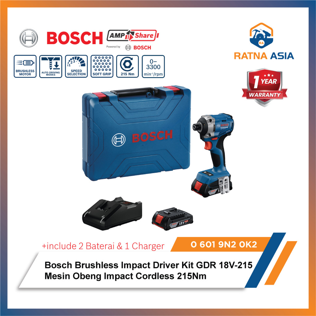 Bosch GDR 18V-215 Professional Cordless Brushless Impact Driver Kit / Obeng Impact Baterai 18V