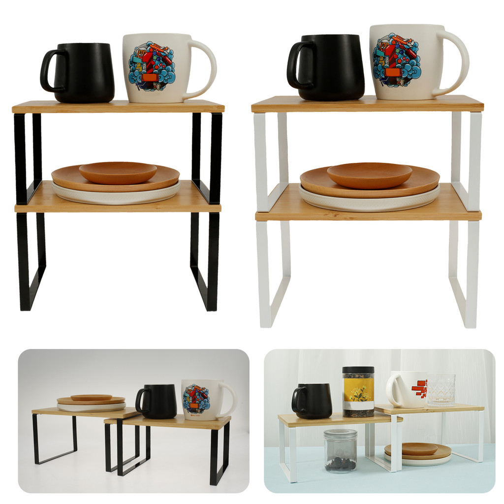 

2Pcs Kitchen Counter Shelf Set Stackable Cabinet Organizer Shelf Multifunction Expandable Space Saving Home Desktop Storage Rack