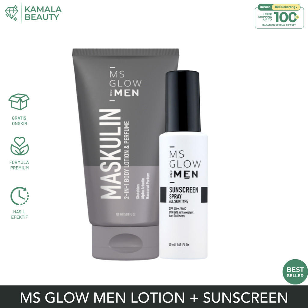 Ms Glow For Men Tabir Surya SPF 35 Hand Body Pelembab MS Glow Men Paket Sunscreen + Maskulin Lotion