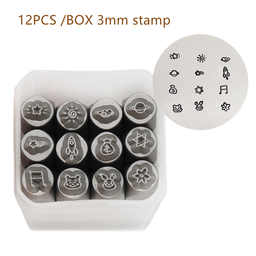 

RCIDOS 3MM Rocket/Money Bag/Music/David Pattern Design Steel punch stamp,Metal Jewelry Design Stamps 12pcs/box