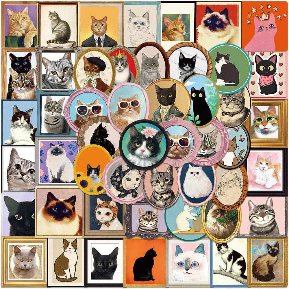 

50Pcs Vintage Cute Cat Stickers Kawaii Cat Decals For Phone Laptop Suitcase Notebook Skateboard Waterproof Sticker