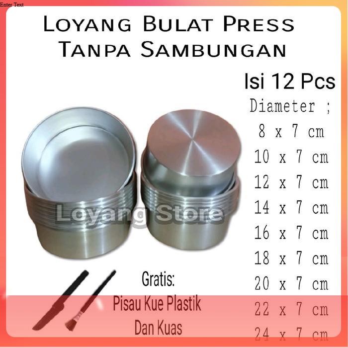 12 Pcs Loyang Bulat Press Tinggi 7 cm Diameter 8-24 cm Aluminium Anti Lengket Gratis Pisau Kue & Kua