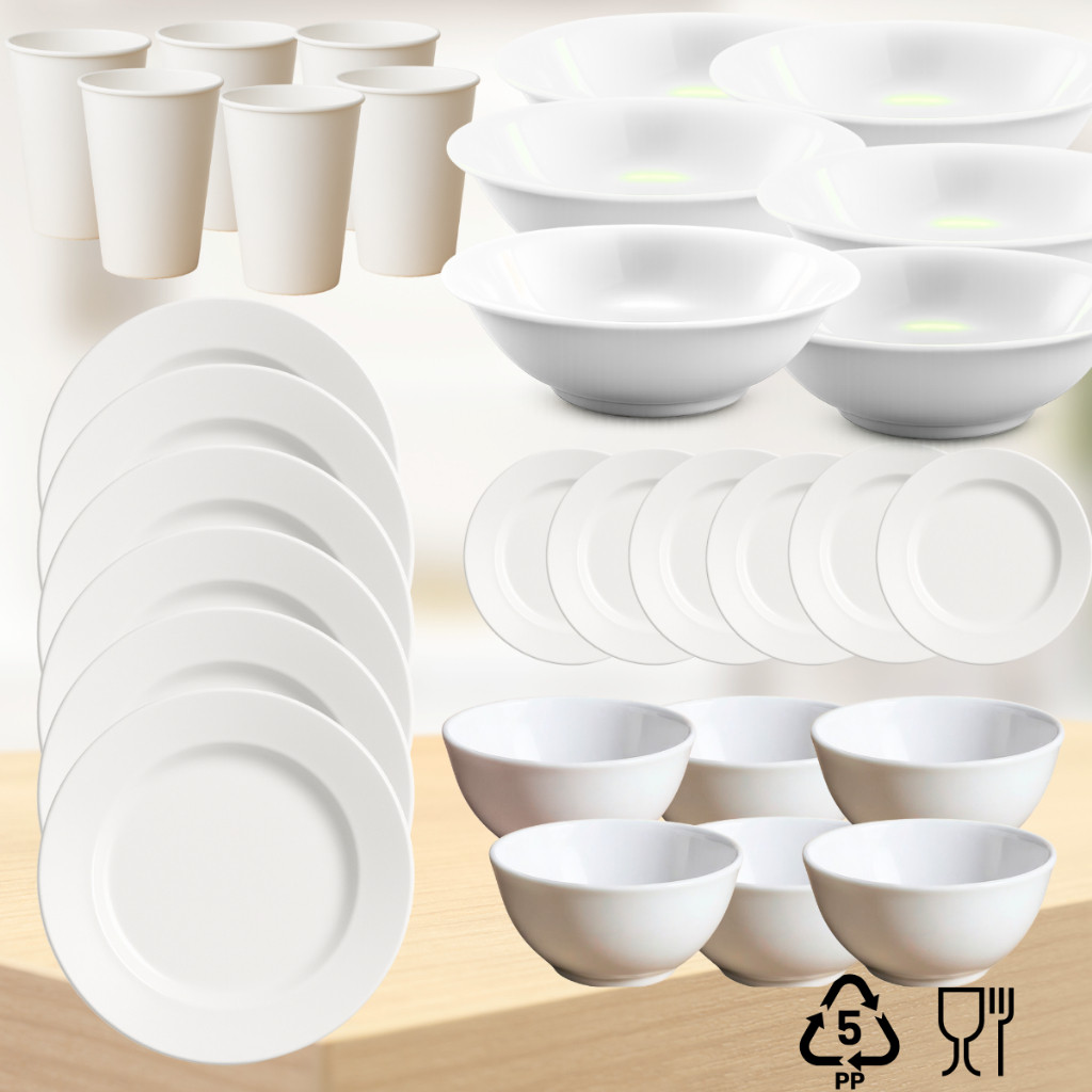 Set 30 Pcs Peralatan Makan Piring Mangkok Gelas Keramik Putih Polos