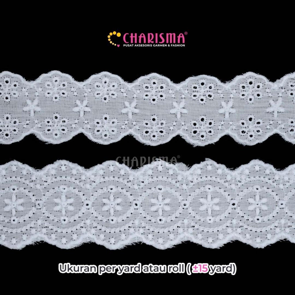 Charisma Renda Katun TL Tengah - Renda Katun Putih / Lebar 4 cm, 5 cm / Harga Per Roll (15 Yard)