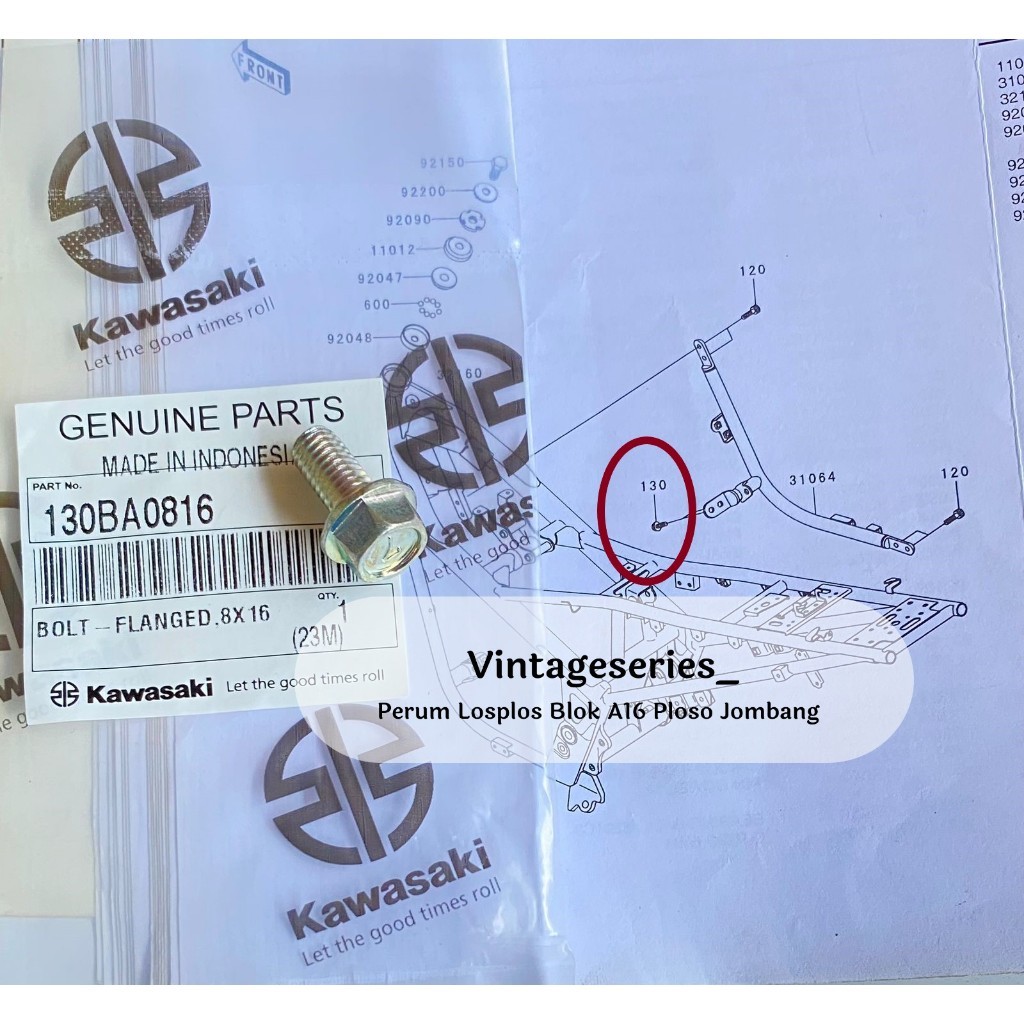 BAUT PIPA TIANG RANGKA MESIN KANAN NINJA 150 RR OLD ZX CBU ORIGINAL KAWASAKI  130BA0816 BAUT UKURAN 
