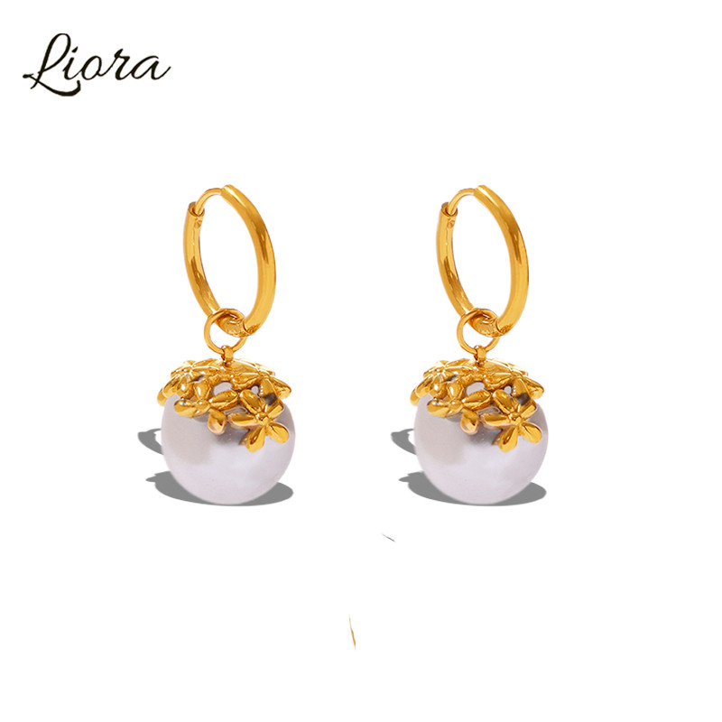 Liora Elegant Simulated Pearl Drop Earrings Stainless Steel Flower 18K Gold Plated Earrings For Wome
