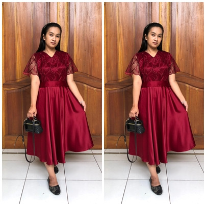 FOPE.DUSTYZ Konveksi Baju Dress Marun Satin Polos Kombinasi Brokat Tile