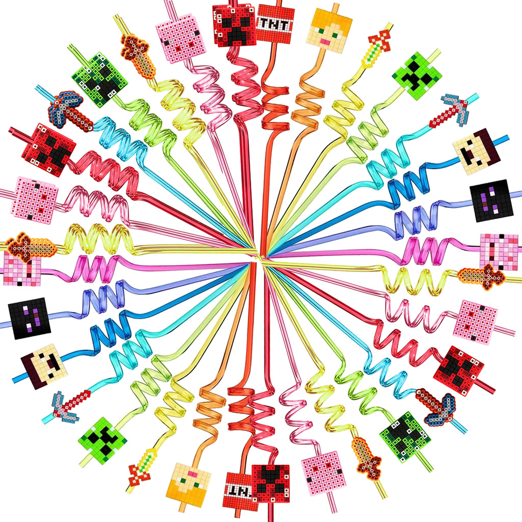 

6/12pcs Pack My World Pixel 3D Straw Spiral Drinking Straws Children Kids Birthday Party Decorations Juice Straws Baby Shower