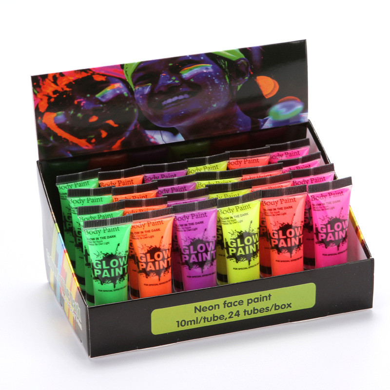 

10ml UV Glow Blacklight Face and Body Paints 24 tubes/Box Neon/glowing Paint in the Dark Black Light Paint