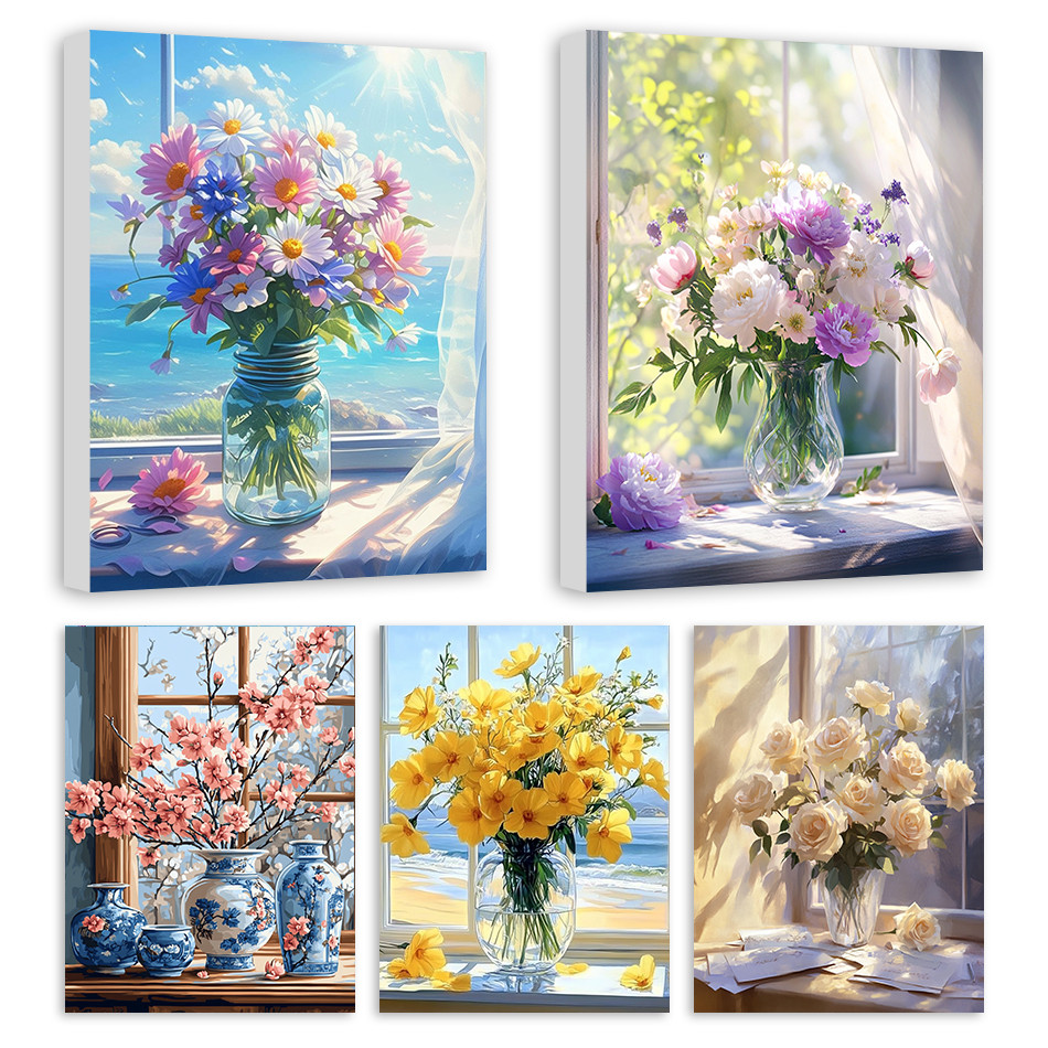 

RUOPOTY Diy Painting By Numbers Window sill flower vase indoor Draw Arts Crafts Gift Drawing By Numbers Decorative Paintings Set