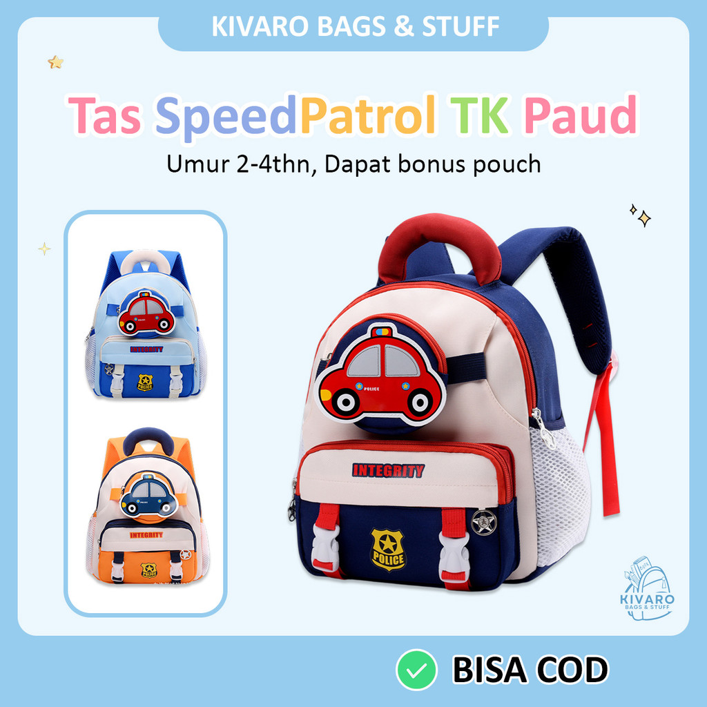 [HOT] Kivaro SpeedPatrol Series Tas Anak TK PAUD Motif Mobil Polisi Laki-laki Usia 2-4Thn 30cm | 628