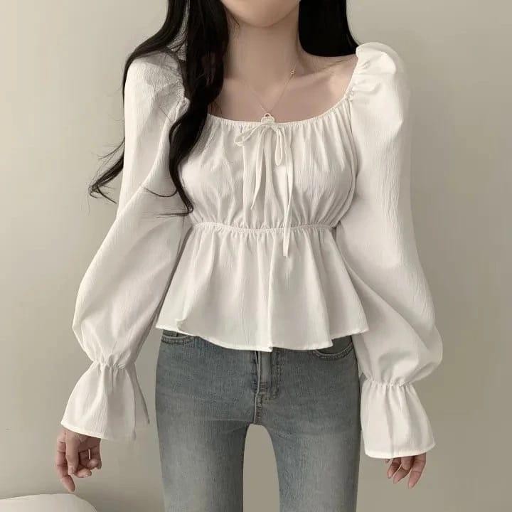 JPN - ZJD BLOUSE DANIYA KARET DEPAN IKAT PITA LENGAN TEROMPET DAILY OUTFIT WANITA / TALLY Blouse Mod