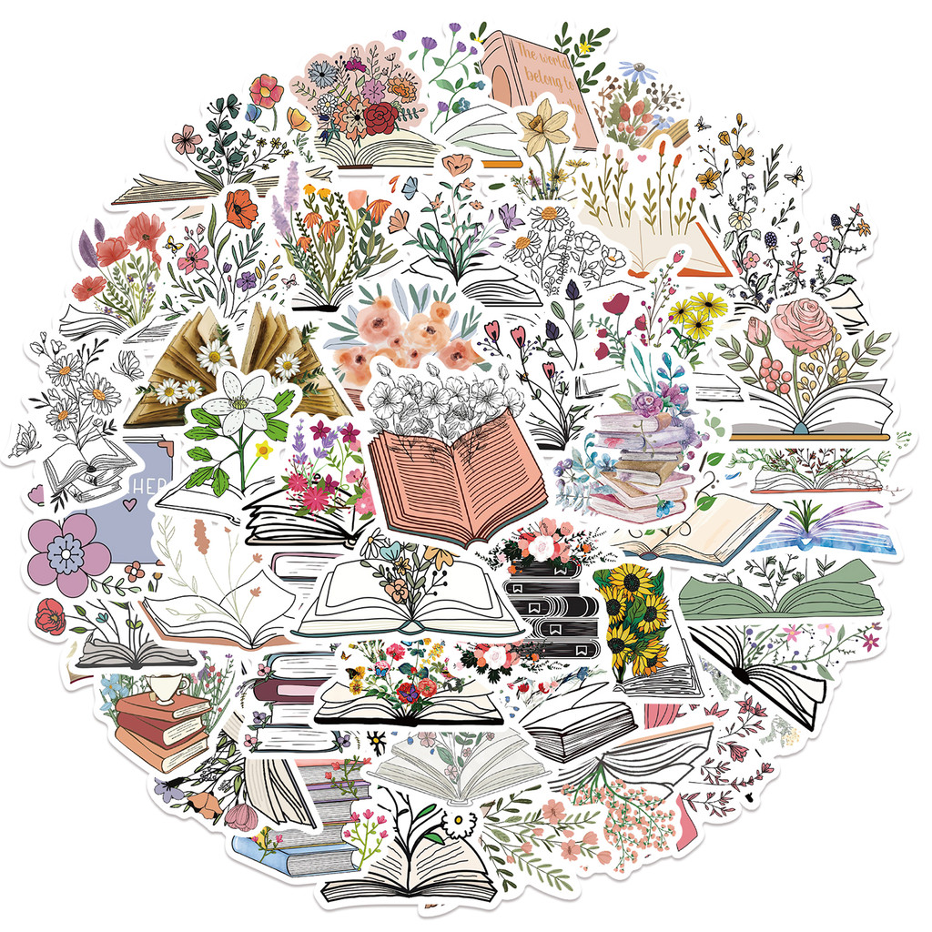

50pcs Pack Cartoon Flower In Book Sticker Vinyl Waterproof for Water Bottle Laptop Scrapbooking Luggage Guitar Skateboard
