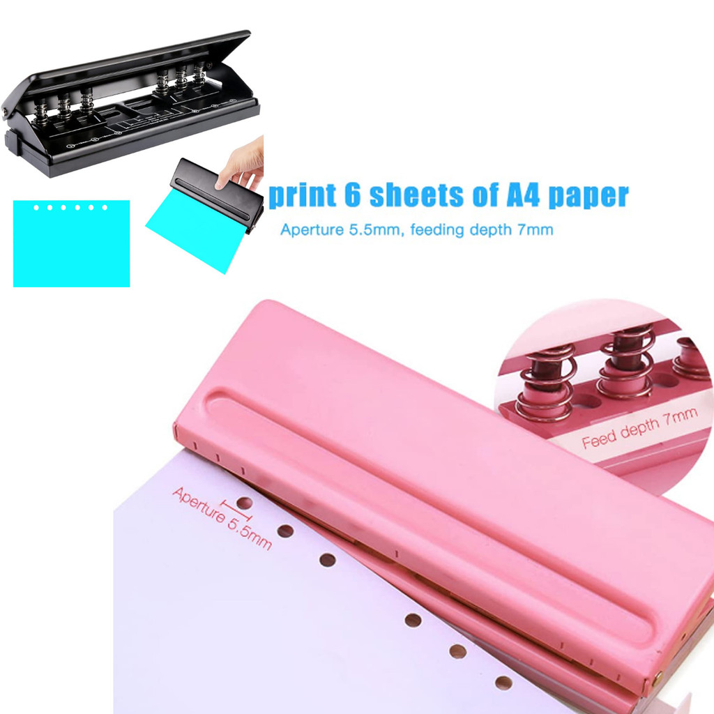 

6-Hole Paper Punch with Positioning Mark Adjustable Black Pink Daily Puncher for A5 for A4 / A5 / A6 / Personal/Pocket Size