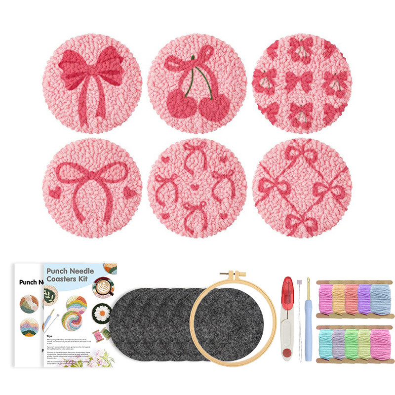 

6pcs Cute Cat Pattern Punch Needle Coaster Starter Kits Punch Needle Embroidery Kit Easy Embroidery Needlework Animal Home Decor