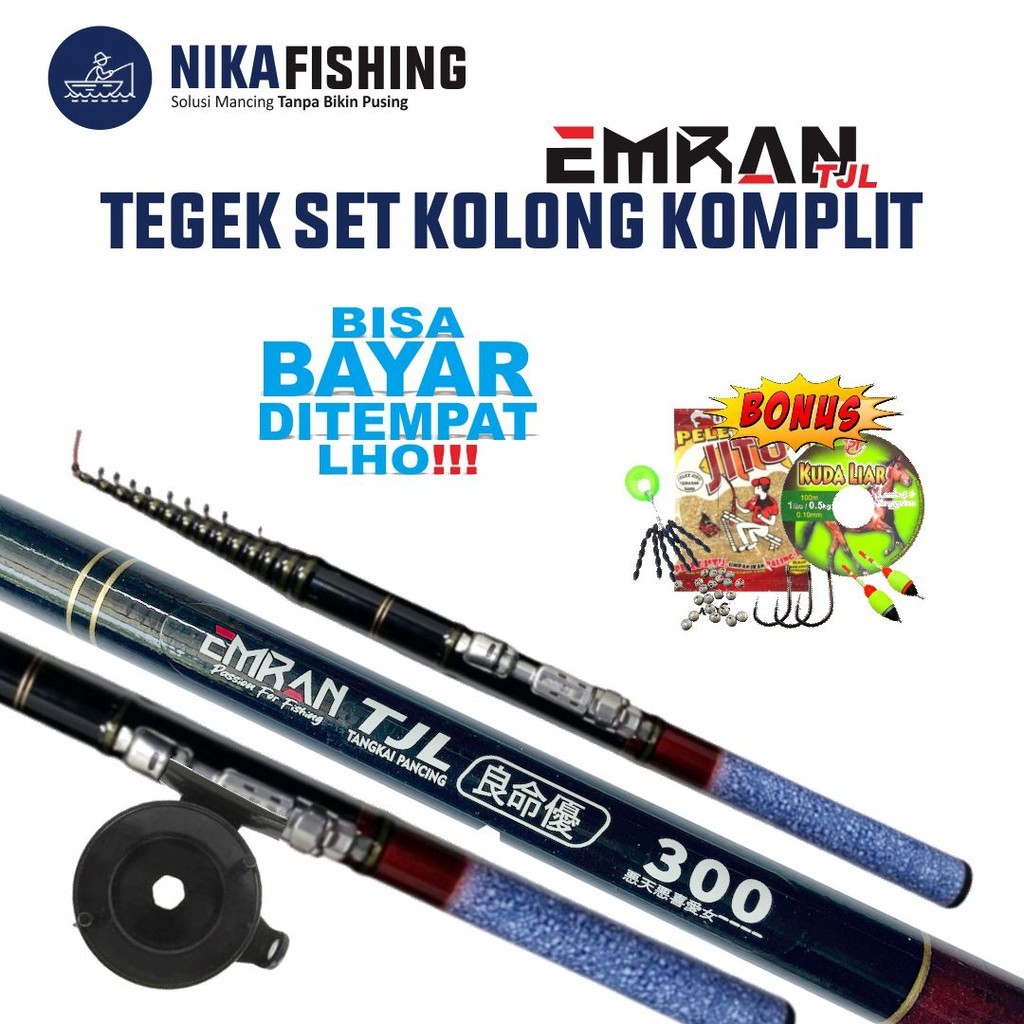 Joran Tegek Set Kolong EMRAN TJL Fiber Ruas Pendek Set dengan Tokos Siap Pakai Reel Pancing