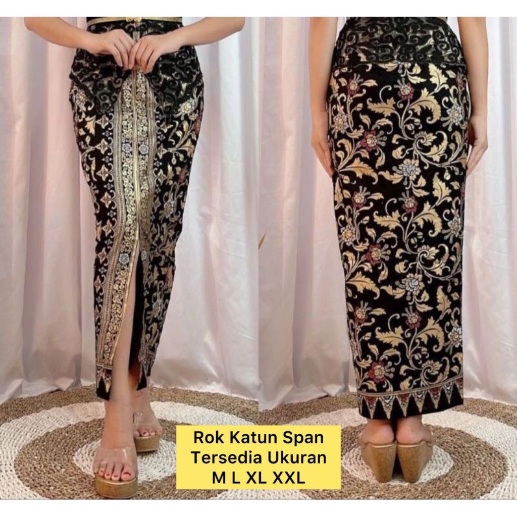 SERESHOP Rok Span Pramugari Rok Prada Raja Gold Hitam Stretch Rok Batik Ukir Belah Depan Rok Span Ka