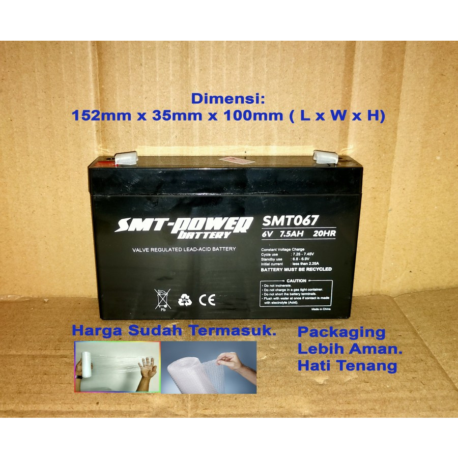 Baterai SMT-Power SMT067 6v 7.5ah 20Hr Competible 6v 7ah 20Hr. Packing Aman Kirim Seluruh Indonesia