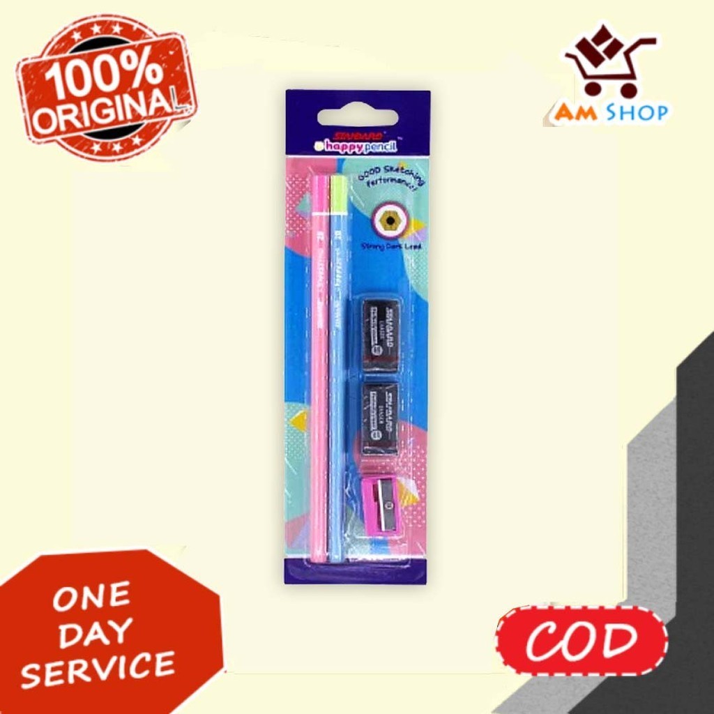 

Standard Blister Happy Pencil 2B / Set ( Rautan / Peruncing, Pensil, Penghapus / Eraser )