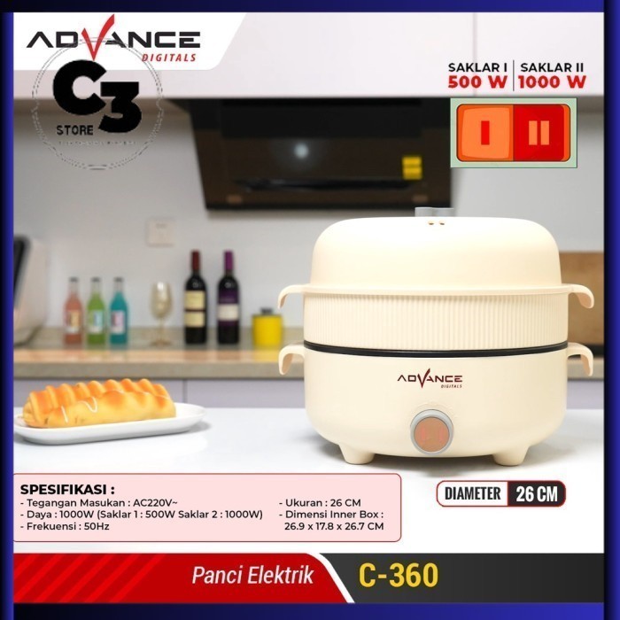 Advance Panci Listrik Serba guna 26 cm C-360  Elektrik Multifungsi Warmer Steamer Cooker 26 Cm