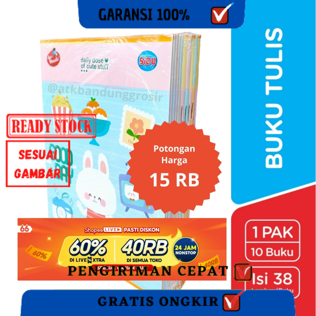 

Buku Tulis Sinar Dunia 38 Lembar (SIDU) Ukuran Qwarto Cover Random - pack (10 buku)TERLARIS