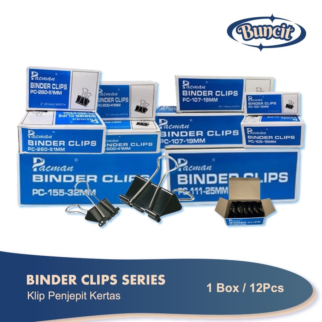 

1 Box isi 12 Pcs Binder Clips Pacman Uk 105, 107, 111, 155, 200 & 260 / Penjepit Kertas / Paper Clip