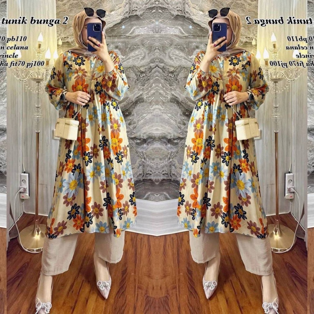 Bunga Matahari Set Tunik Setelan Wanita Long Tunik Rayon Twill Baju One Set Wanita Kekinian Celana