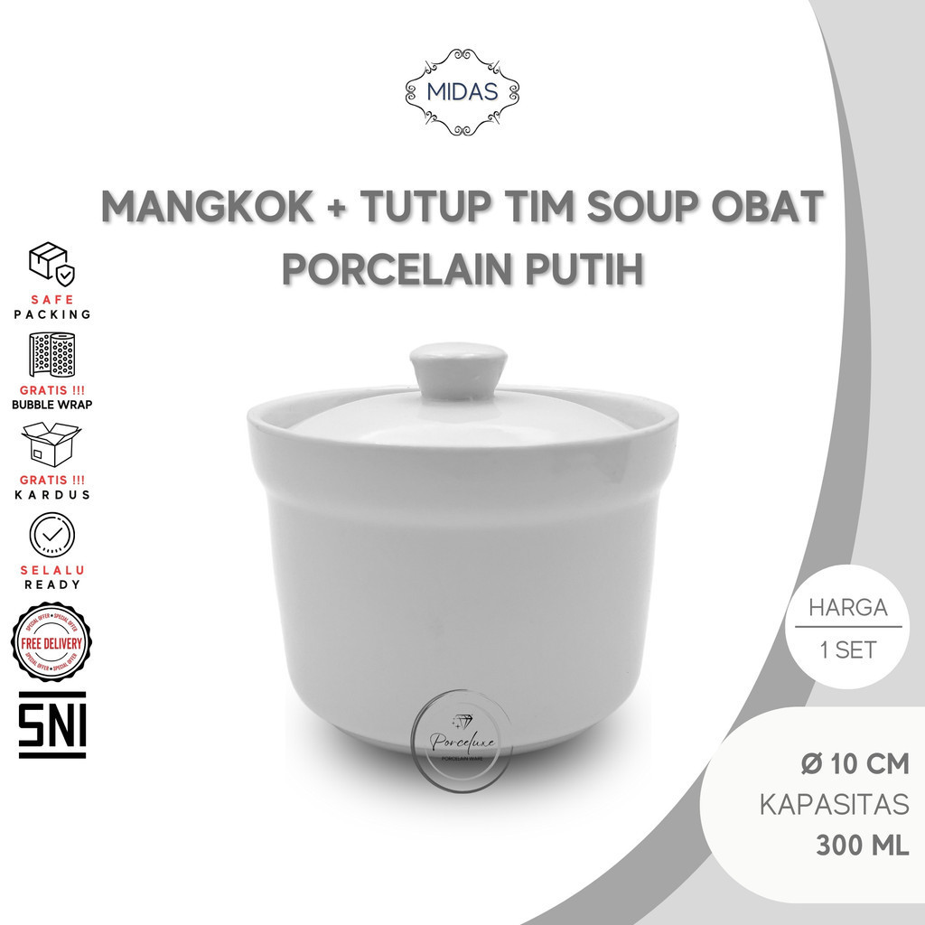 Midas Mangkok Porselen Set + Tutup Tinggi 10 cm Putih 300 ml Mangkuk Keramik Kukus Tim Sup Soup Obat