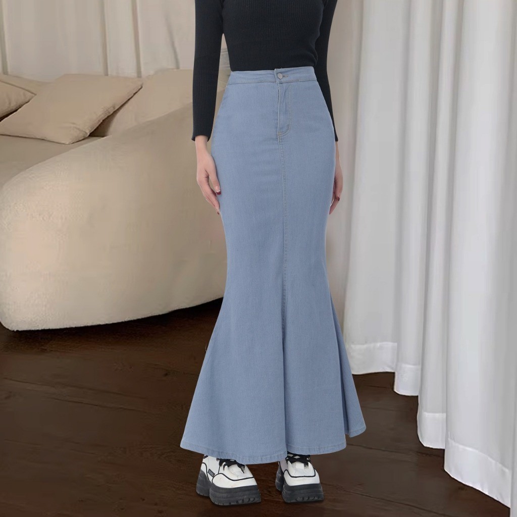 Denim Half Length Skirt Wanita High Waisted Mid Length zipper Wrap Buttocks Fishtail Skirt - Rok Duy