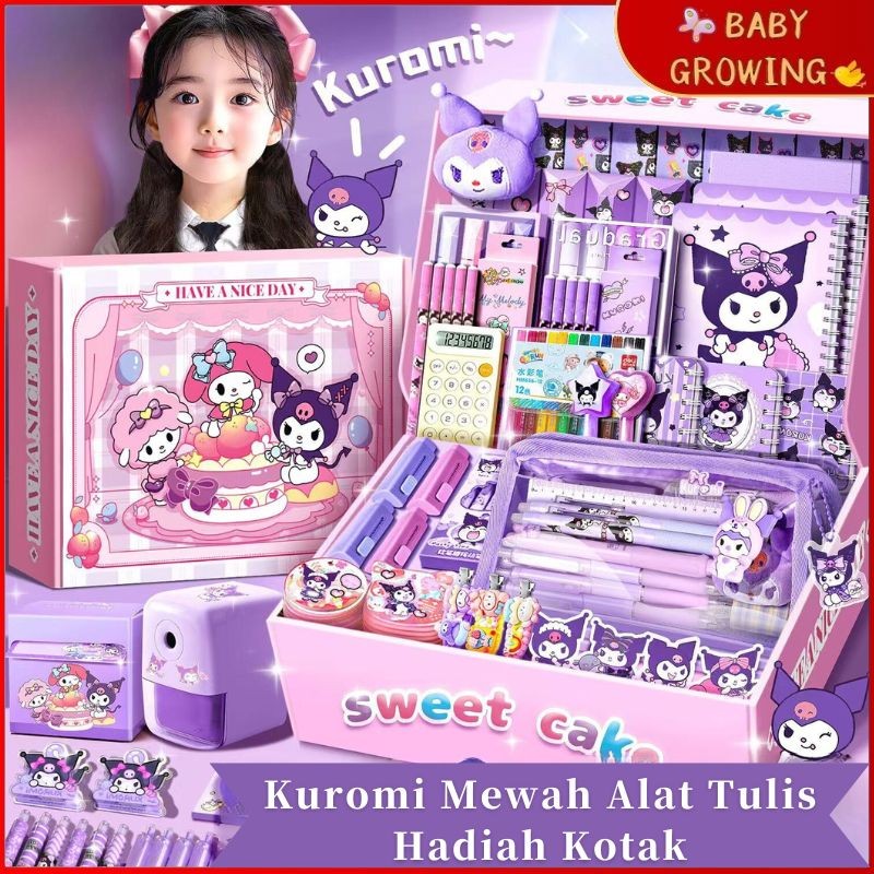 

Kuromi Mewah Alat Tulis Set Hadiah Kotak Hadiah Siswa / Sanrio 9 IN 1 DIY Diary Book Stickers Set