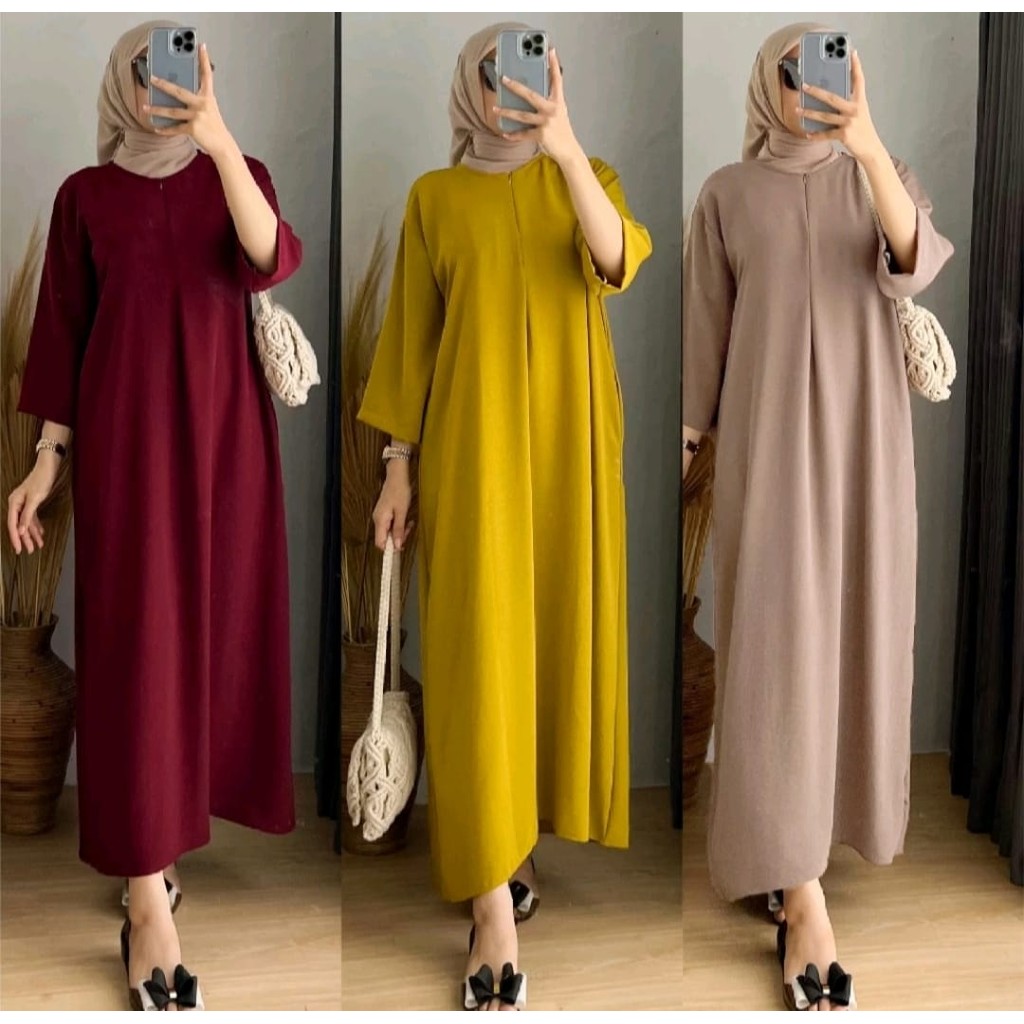 Daster Crinkle Polos Kekinian Lengan Tangan 3/4 Panjang Daster polos flowly