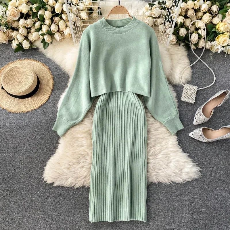 

Autumn Knitted Round Neck Two Pieces Dress For Women Set Long Sleeve Solid Color Batsleeves Fashion Winter Women Dress