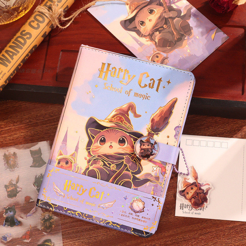 

Cartoon Harry Cat Notebook Full Color Page Cute Illustration Magnetic Buckle Soft Leather Diary Student Notepad