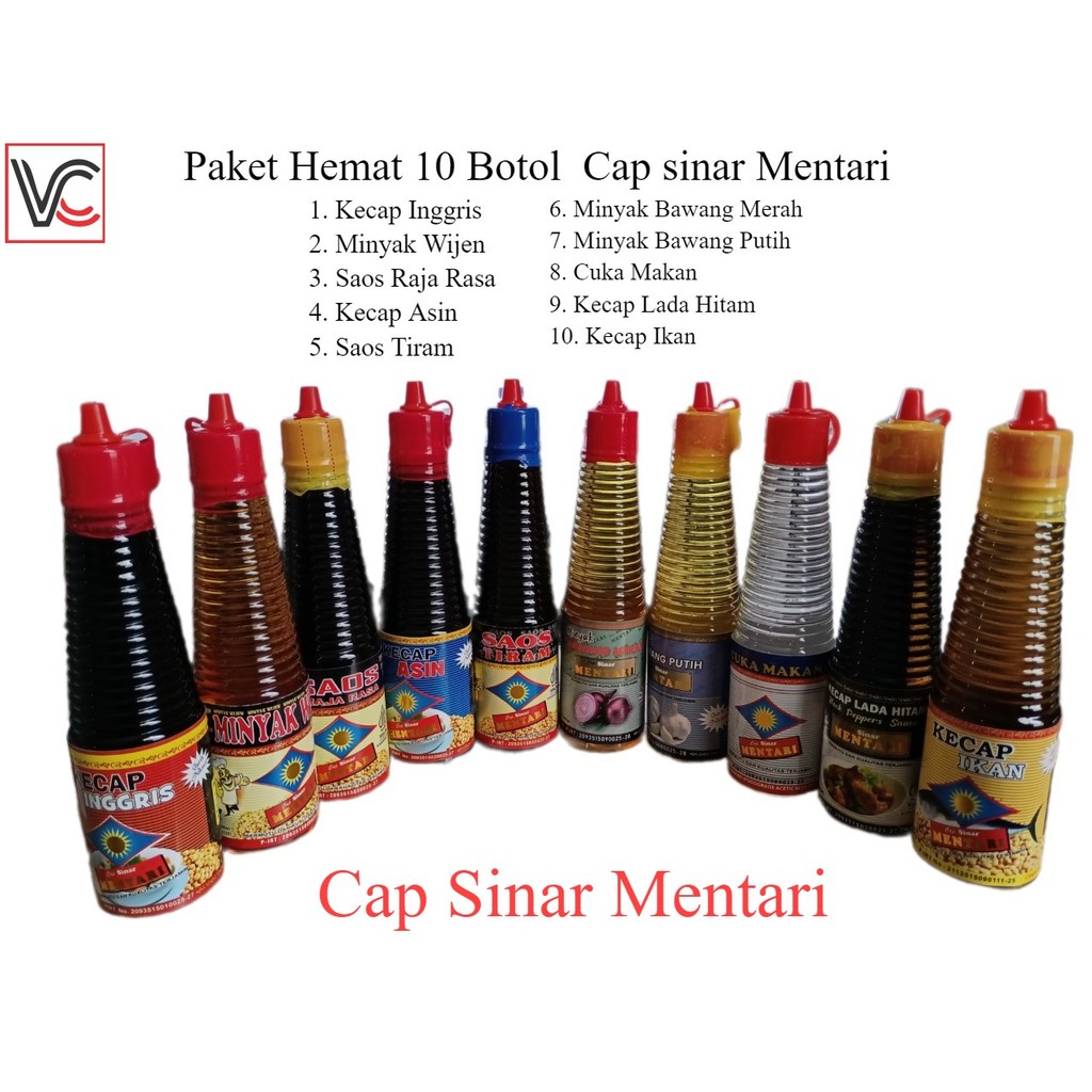 

Paket Murah 10 Botol Cap sinar Mentari 150 ml - Kecap Inggris, Minyak Wijen, Saos Raja Rasa, Kecap Asin, Saos Tiram, Minyak Bawang Merah, Minyak Bawang Putih, Cuka Makan, Kecap Lada Hitam, Kecap Ikan